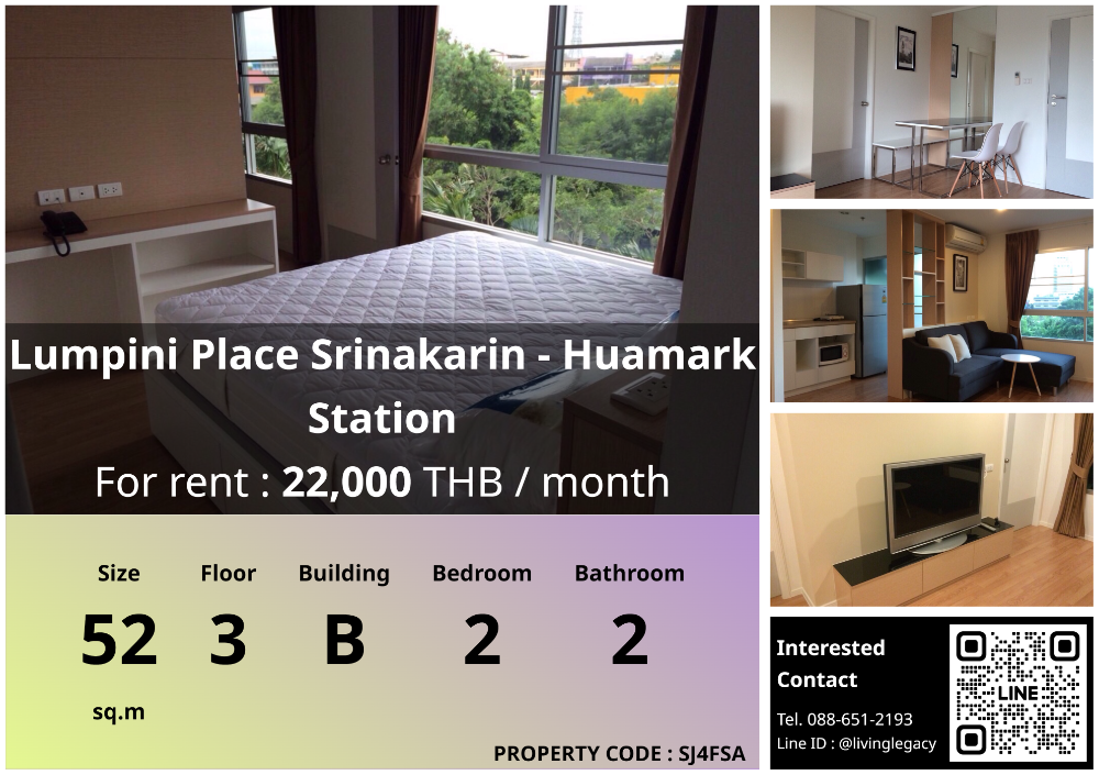 For RentCondoPattanakan, Srinakarin : SJ4FSA Condo for rent Lumpini Place Srinakarin - Huamark Station 52 sq m. 3rd floor, Building B line id : @livinglegacy call : 088-651-2193