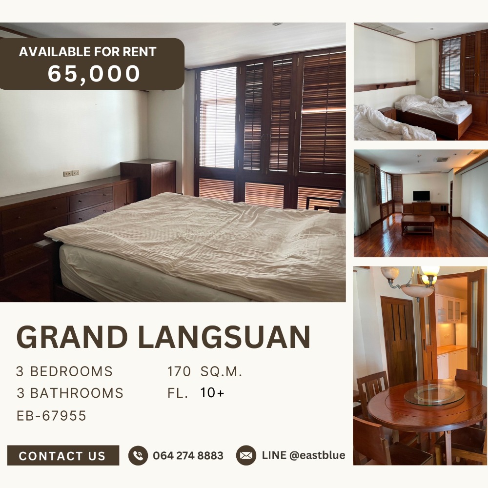 ให้เช่าคอนโดวิทยุ ชิดลม หลังสวน : Pet-Friendly Grand Langsuan Spacious 3-Bedroom 170 sqm 65,000 THB per month