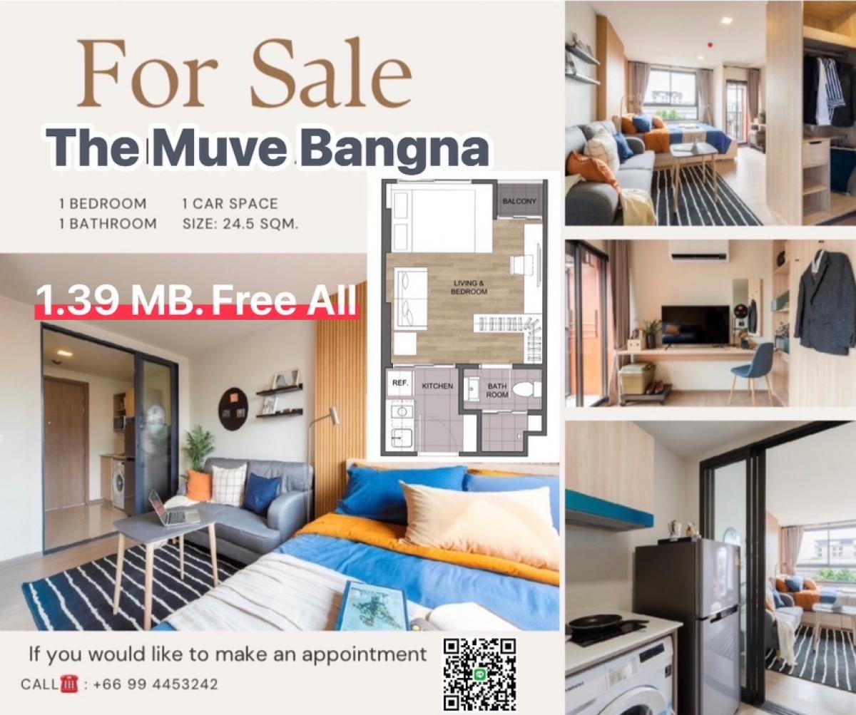 For SaleCondoBangna, Bearing, Lasalle : 🔥Hot The Muve Bangna, closing price for those looking for a condo for rent, high yield, great location, next to ICS School and Raffle International School. 👉Price only 1.39 MB. ▪️1 Bedroom 1Bathroom▪️Size: 24.5 Sqm.