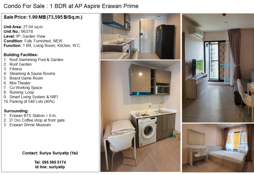 For SaleCondoSamut Prakan,Samrong : New condo for sale, fully fitted, 0 m BTS, 27 sq.m, 1BDR, 9th floor, beautiful garden view