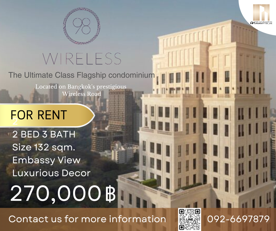 For RentCondoWitthayu, Chidlom, Langsuan, Ploenchit : RENT Best Price : PENTHOUSES 2 BED 3 BATH 132 Sqm I 98 WiRELESS - 270 K. thb.