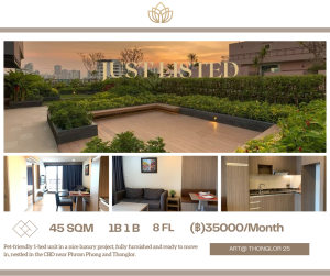 ให้เช่าคอนโดสุขุมวิท อโศก ทองหล่อ : “ 𝗧𝗵𝗲 𝗔𝗿𝘁 @ 𝗧𝗵𝗼𝗻𝗴𝗹𝗼𝗿 “ is a modern low-rise condominium located in the heart of Bangkok, just a 15-minute walk from BTS Thong Lor