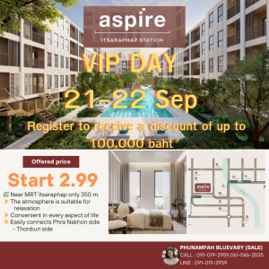 For SaleCondoWongwianyai, Charoennakor : ASPIRE Itsaraphap Station VIP DAY 21-22 Sep Register to receive a discount of up to 100,000 baht*