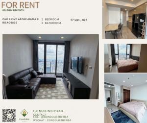 For RentCondoRama9, Petchburi, RCA : Risa06535 Condo for rent One9Five Asoke-Rama 9 57 sq m, 46th floor, 2 bedrooms, 2 bathrooms, only 60,000 baht