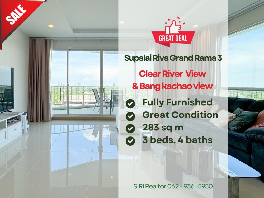 For SaleCondoRama3 (Riverside),Satupadit : 📍Supalai Riva Grand Rama 3, 3 Bedrooms, River view, Balcony facing east