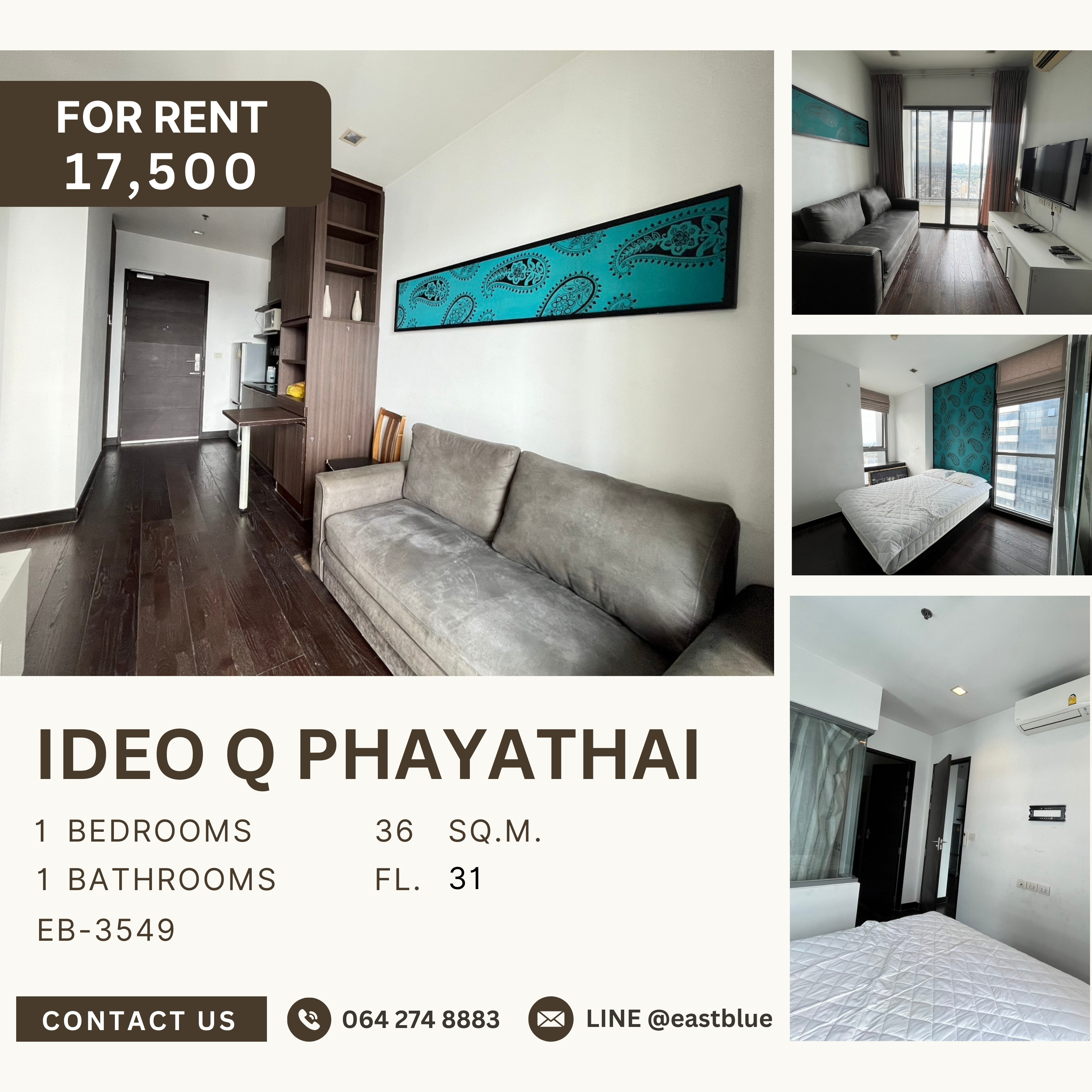 ให้เช่าคอนโดราชเทวี พญาไท : Ideo Q Phayathai, 1 bed, 17500 per month