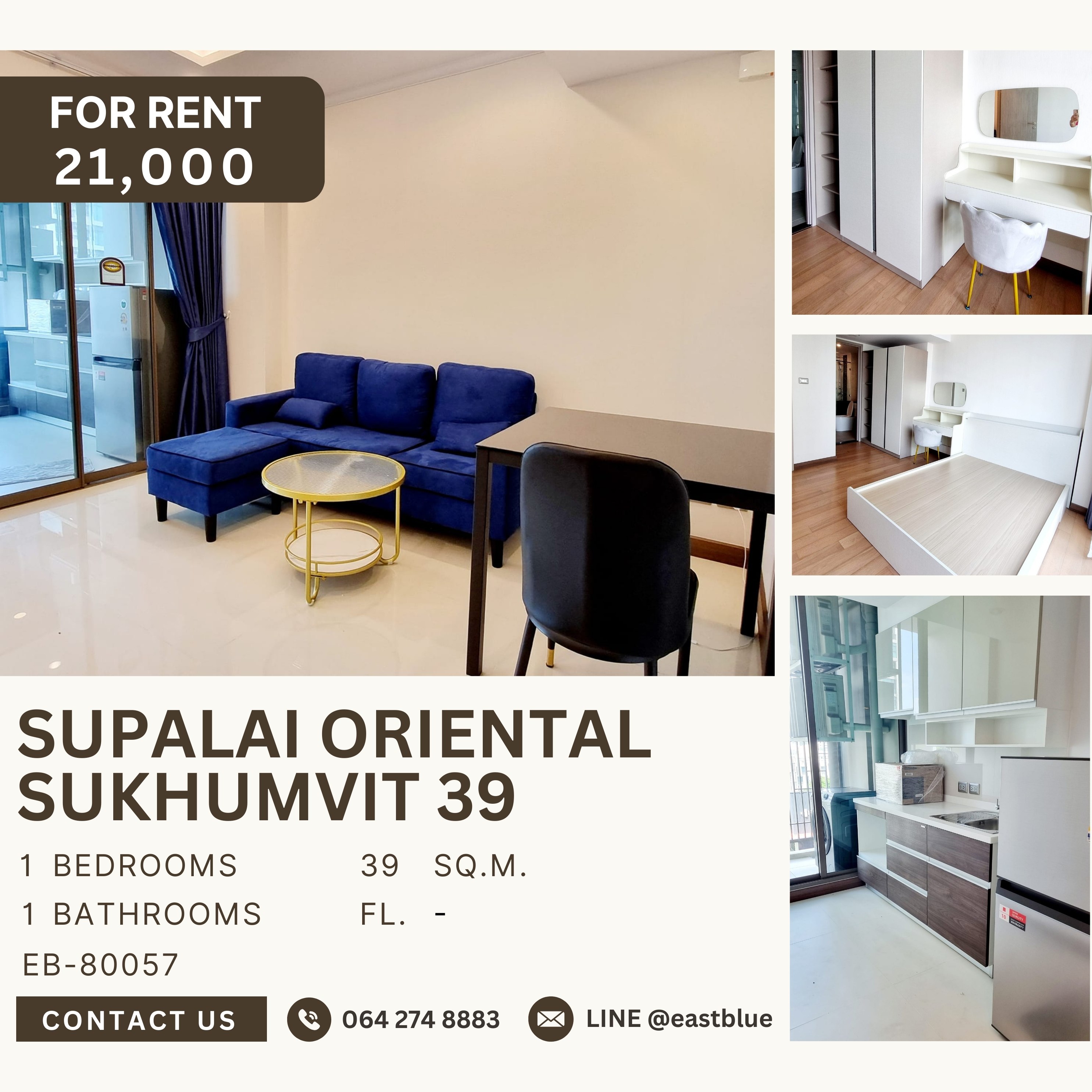 ให้เช่าคอนโดสุขุมวิท อโศก ทองหล่อ : Supalai Oriental Sukhumvit 39, 1 bed, 21000 per month