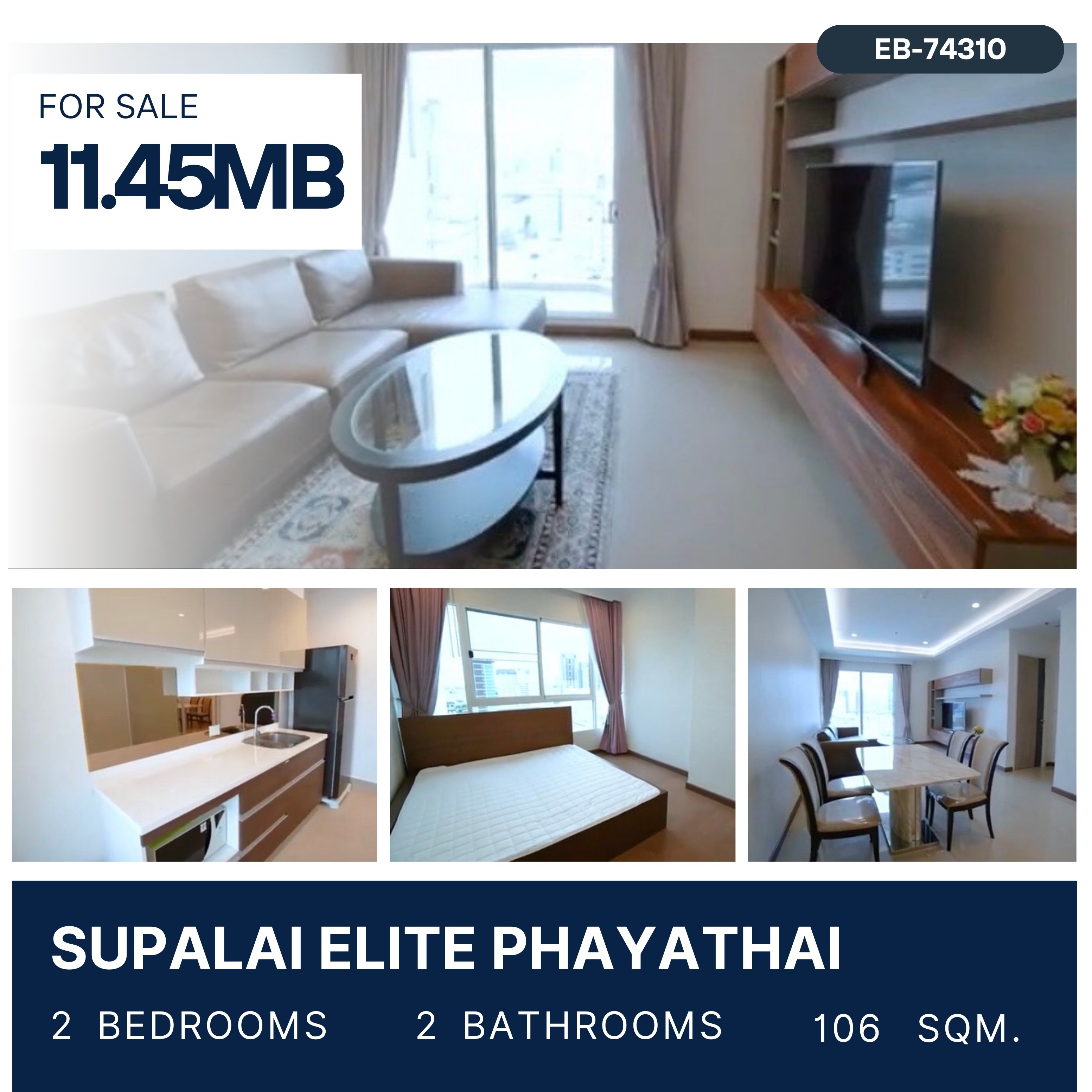 For SaleCondoRatchathewi,Phayathai : Supalai Elite Phayathai 2 large bedrooms, high floor, convenient to walk to BTS, fully furnished room, ready to move in