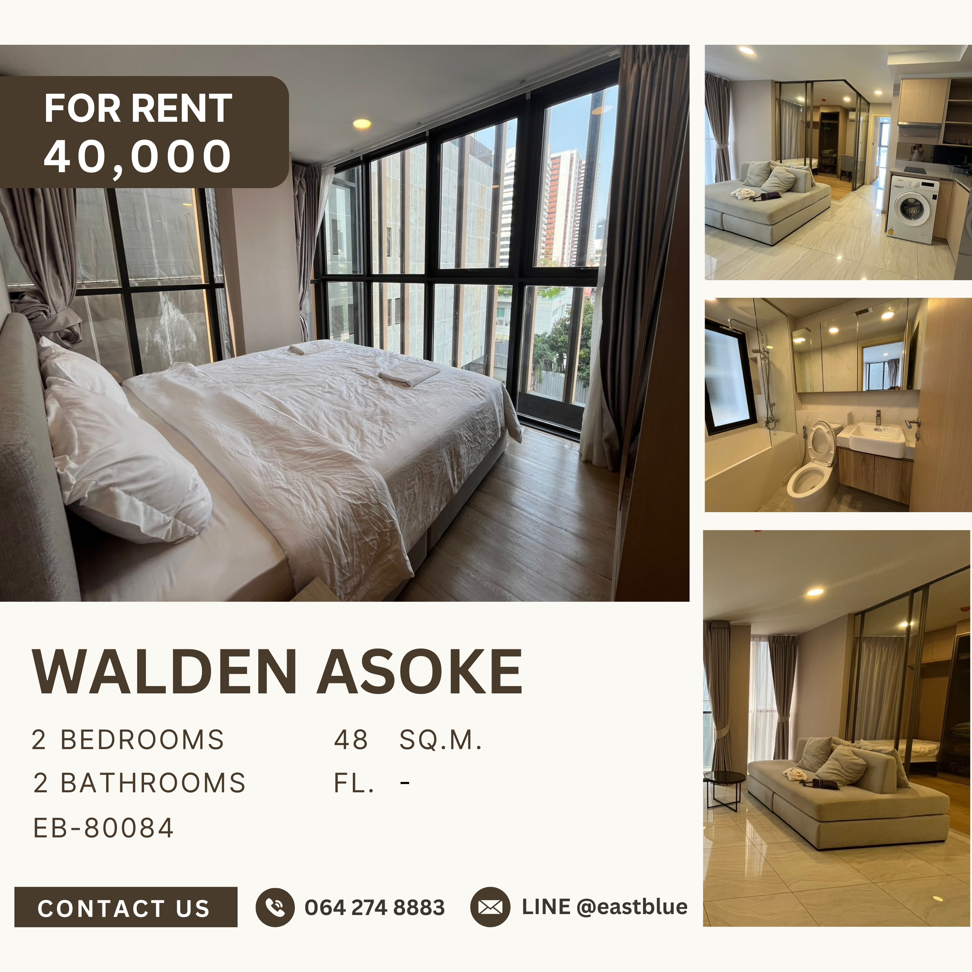 ให้เช่าคอนโดสุขุมวิท อโศก ทองหล่อ : Walden Asoke, 2 bed, 40000 per month