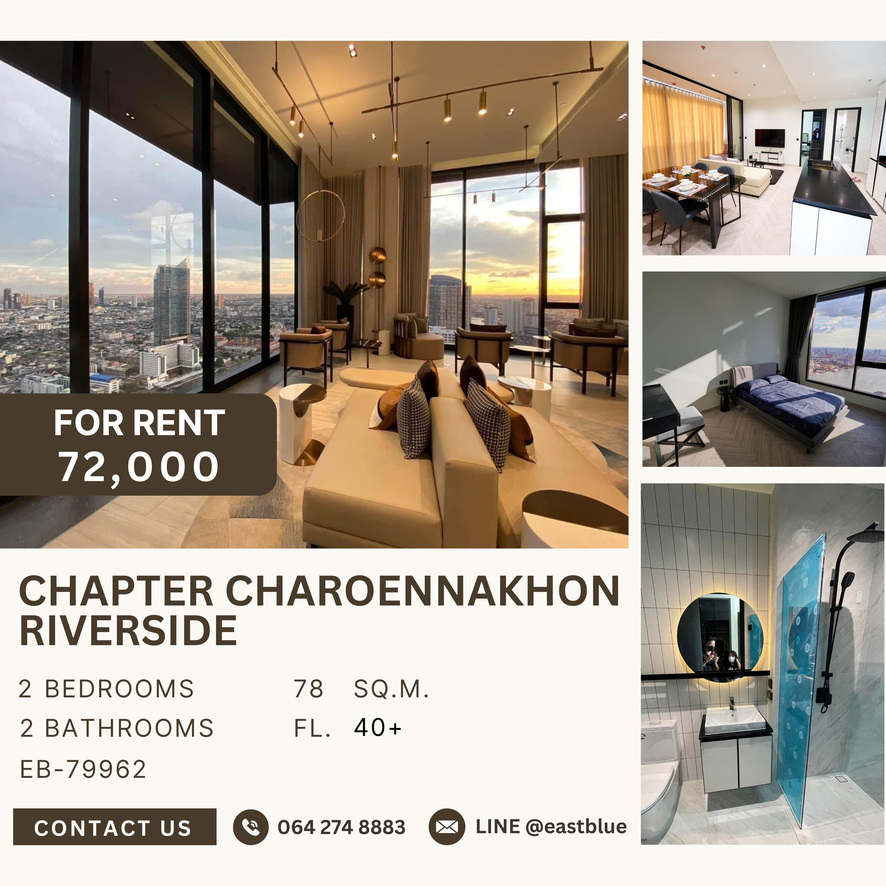 For RentCondoWongwianyai, Charoennakor : Chapter Charoennakhon–Riverside, 2 bed, 72000 per month