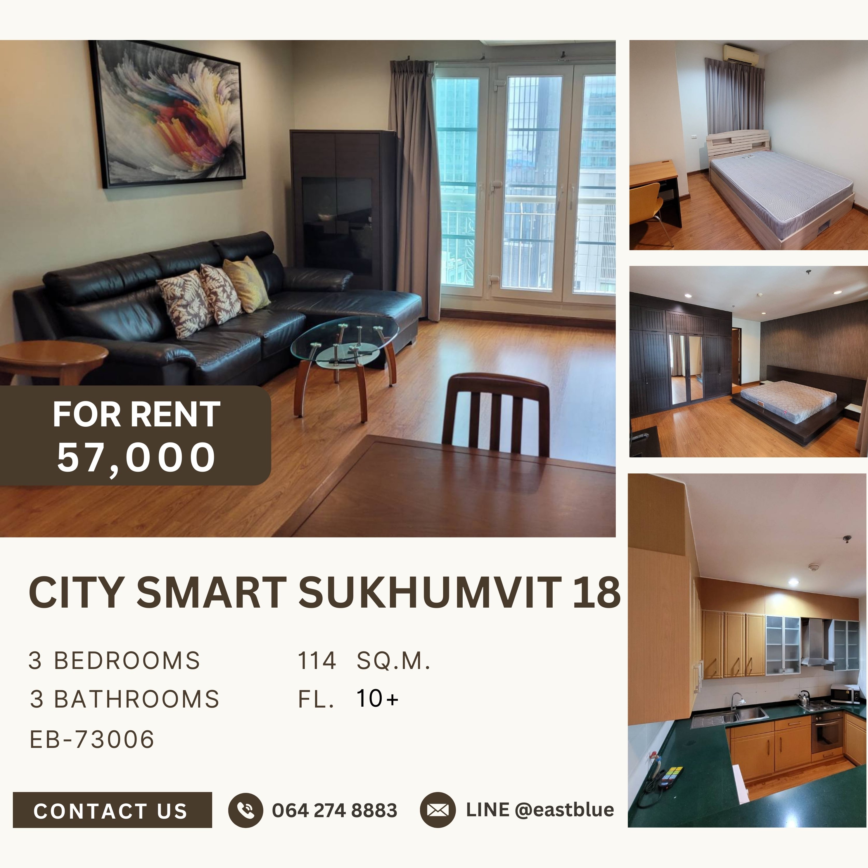 For RentCondoSukhumvit, Asoke, Thonglor : City Smart Sukhumvit 18, 3 bed, 57000 per month