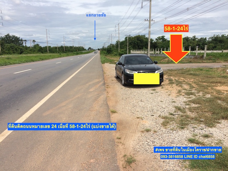 For SaleLandKorat Nakhon Ratchasima : Land for sale in Pak Thong Chai Next to Road No. 24, area 58-1-24 Rai (purple area)