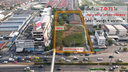 ขายที่ดินสมุทรปราการ สำโรง : ขายที่ดิน ติดถนนเทพารักษ์ (ใกล้จุดขึ้นลง Motorway 100 m.+ใกล้เมกะบางนา 6 Km.) เนื้อที่ 7-0-71 ไร่ เหมาะสร้างโครงการจัดสรร