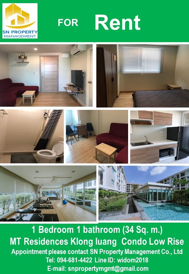 For RentCondoPathum Thani,Rangsit, Thammasat : (For rent) MT Residences (1 bed, 1 bath, 34 sqm), fully furnished