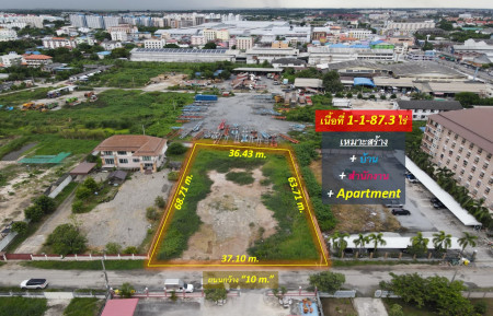 For SaleLandSamut Prakan,Samrong : Land for sale on Bangna-Trad Road # next to Huachiew Chalermprakiet University (Suitable for building a house + office + Apartment) 1-1-87.3 rai, road width 10 m., working place