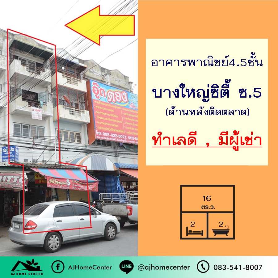 For SaleShophouseNonthaburi, Bang Yai, Bangbuathong : Building for sale, 4.5 floors, 16 square wa. Bangyai City project Behind the market, commercial location, willing to sell with tenants.