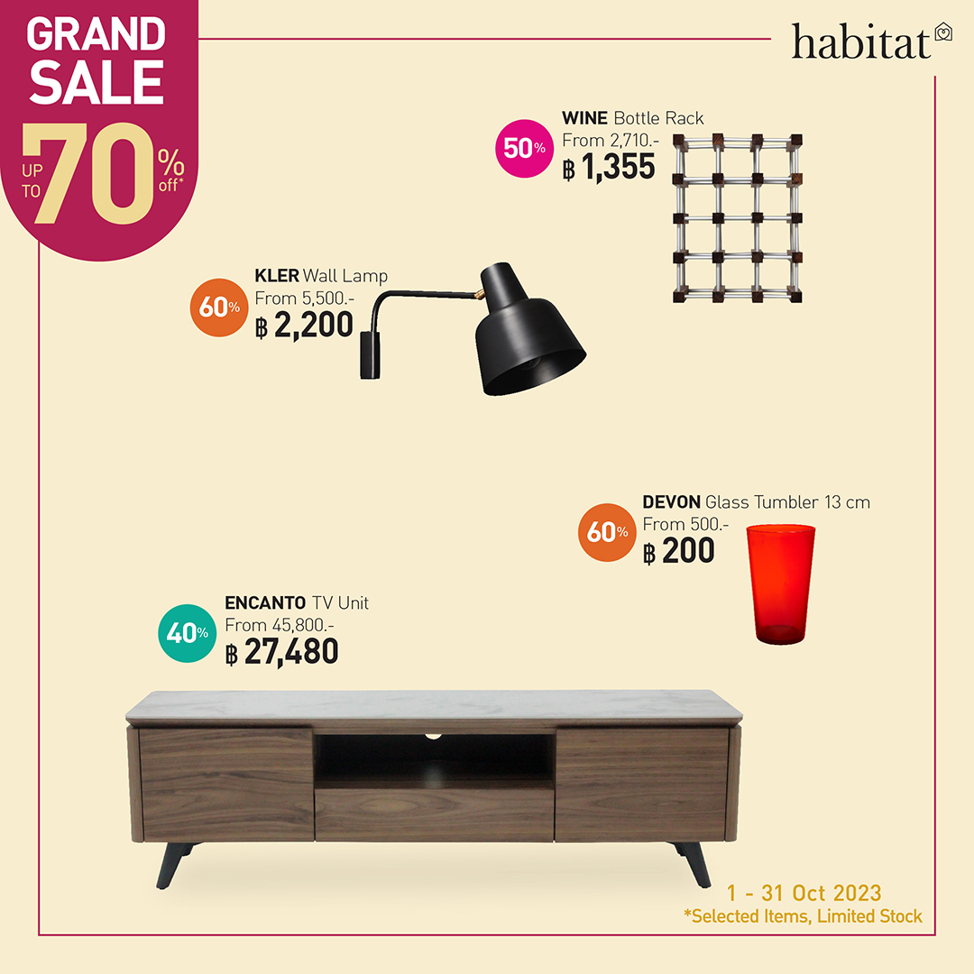 คนรักการแต่งบ้านในสไตล์มินิมอล ต้องไม่พลาด Habitat Grand Sale 2023  กับโปรสุดคุ้มแห่งปี ลดทุกชิ้น ทั้งร้าน รับส่วนลดสูงสุด 70 % 1-31 ตุลาคม 2566 ที่ ฮาบิแทท ชอป ทั้ง 6 สาขา 