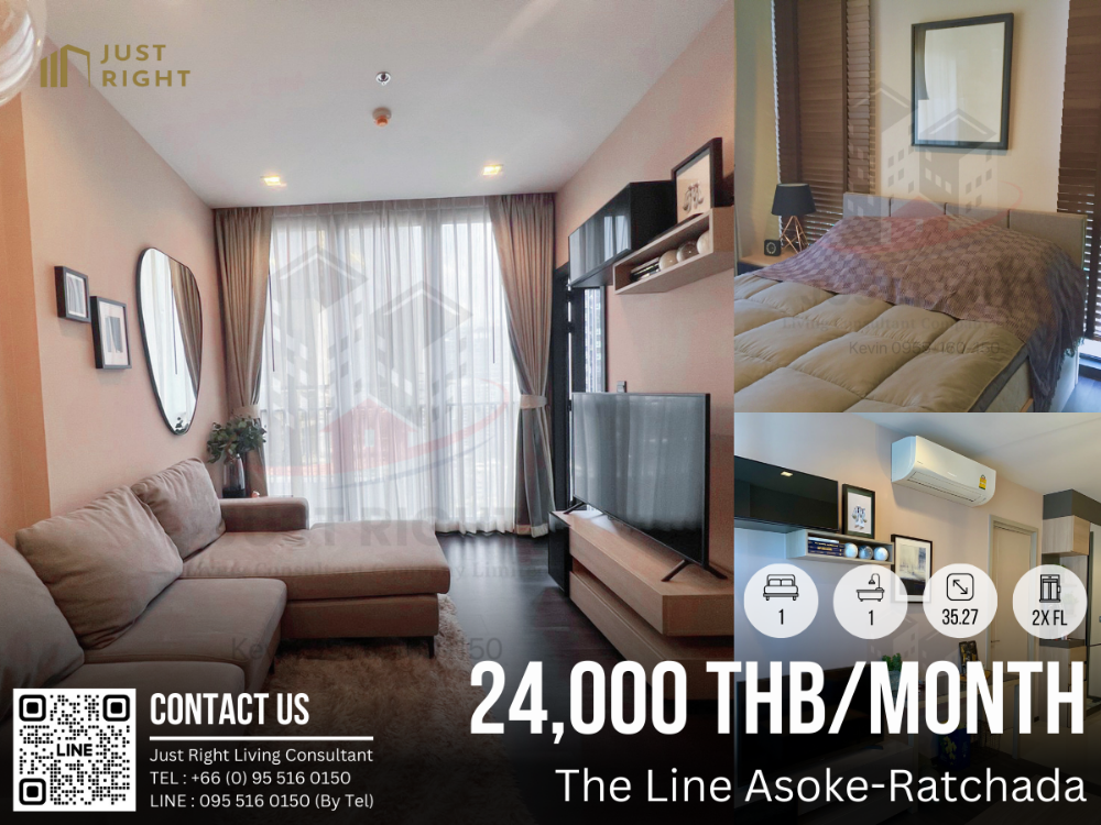 For RentCondoRama9, Petchburi, RCA : For Rent The Line Asoke-Ratchada 1 Bed 1 Bath 35.27 Sqm. Floor 2x Unblock View Fully Furnished 24,000 THB/month 1 Year Contract only