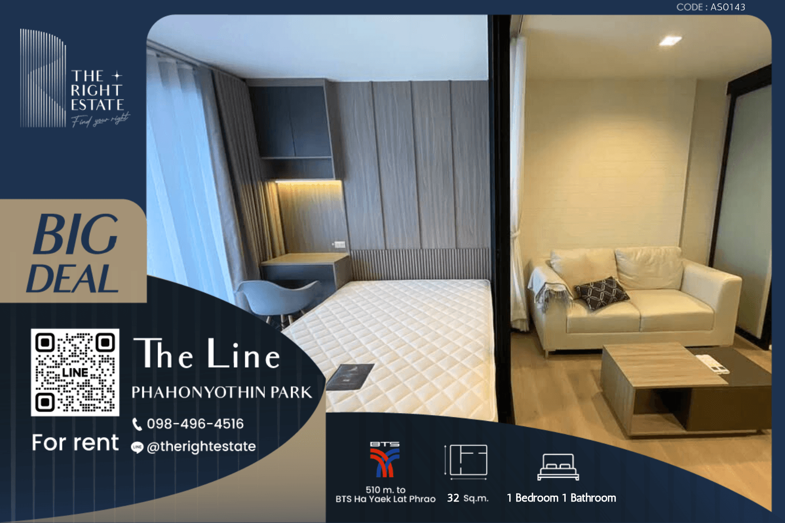 For RentCondoLadprao, Central Ladprao : 🌿 THE LINE Phahonyothin Park 🌿 Nice room beautiful decoration 1 Bed 1 Bath 36.77 sq.m. Price negotiable!!! - close to BTS Ha Yaek Lat Phrao