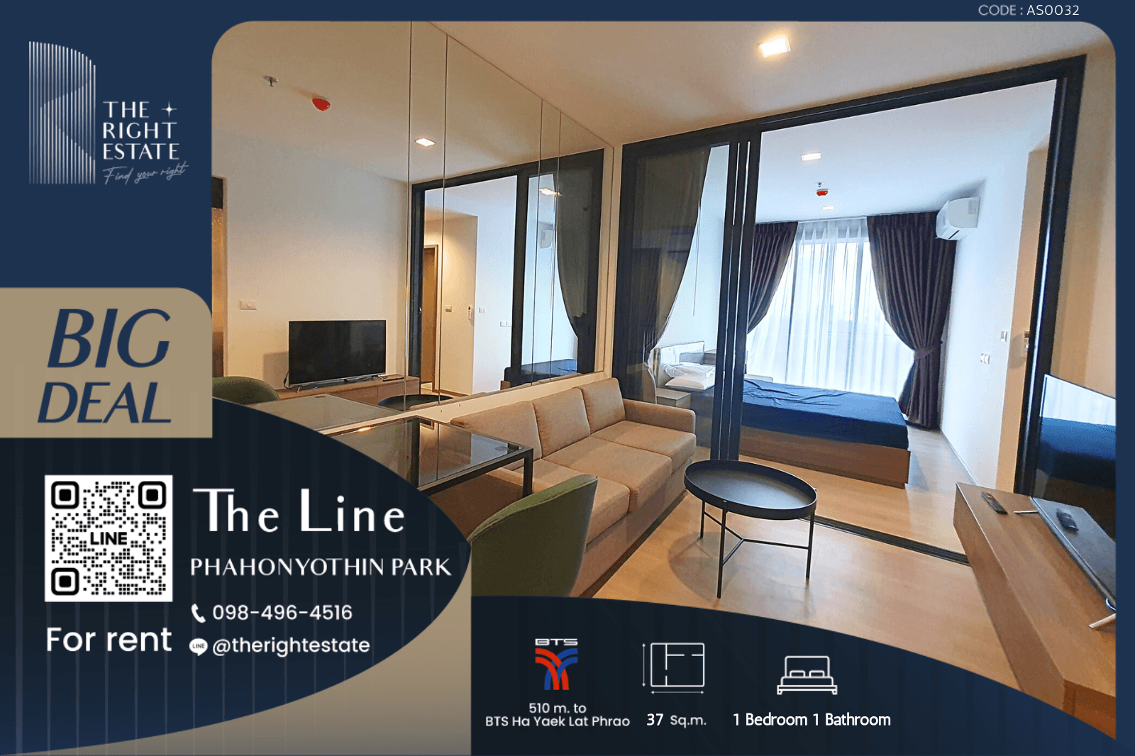 For RentCondoLadprao, Central Ladprao : 🌿 THE LINE Phahonyothin Park 🌿 New room, Ready to move in 🏙️ 1 Bed 1 Bath 39 sq.m. Price negotiable!!! - close to BTS Ha Yaek Lat Phrao