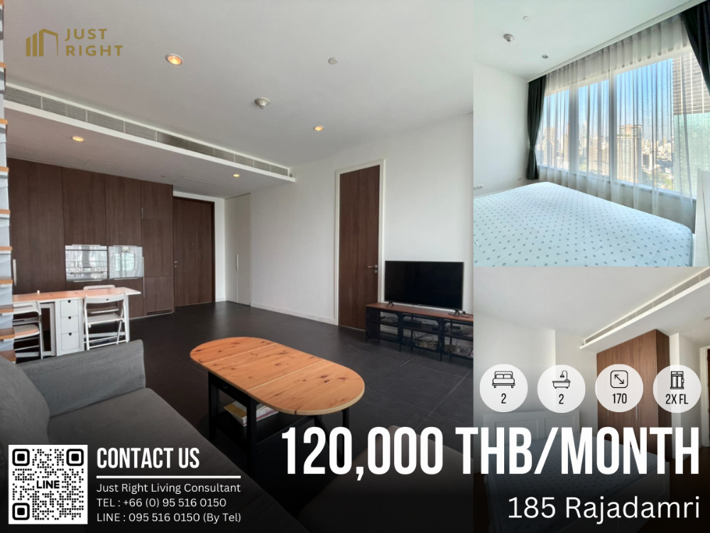 For RentCondoWitthayu, Chidlom, Langsuan, Ploenchit : For rent 185 Ratchadamri 140 sqm Special LAYOUT 2bed 2bath 120,000/m. 1 year contract