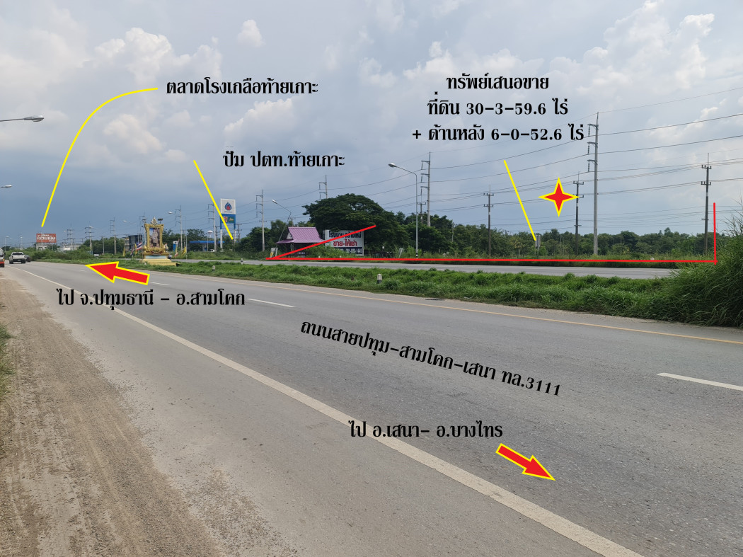 For SaleLandPathum Thani,Rangsit, Thammasat : Land for sale, next to Sam Khok-Sena Road, Sam Khok District, Pathum Thani, investment area, area 37 rai , price reduced to 29 million