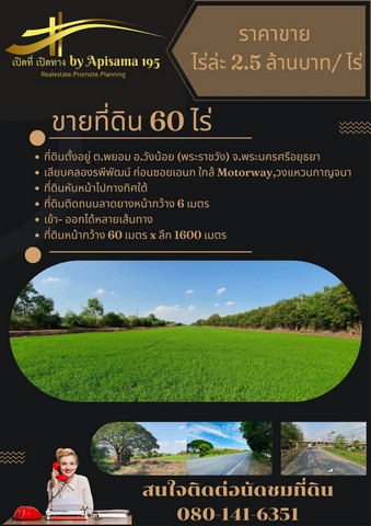 ขายที่ดินอยุธยา : ขายที่ดิน 60 ไร่ เลียบคลองระพีพัฒน์ คลองสี่ ใกล้ มอเตอร์เวย์ ต.พยอม อ.วังน้อย อยุธยา