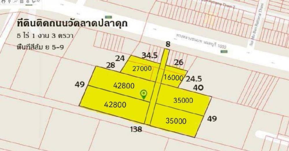 For RentLandNonthaburi, Bang Yai, Bangbuathong : Land for rent/sale on the main road of Wat Lat Pla Duk (4 lanes), 130 wa to 2 rai, near the community, starting at 16,000 baht