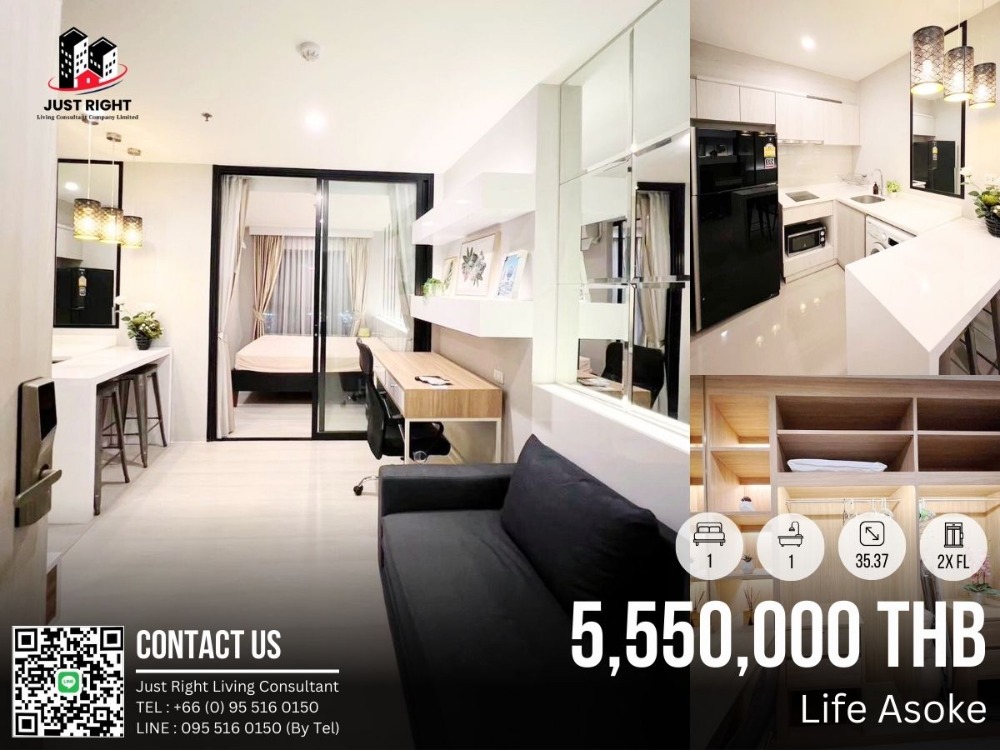 For SaleCondoRama9, Petchburi, RCA : For Sale Life Asoke 1 Bed 1 Bath 35.37 Sqm. Fully Furnished North Direction City View 5.55 MB Transfer fee 2% (buyer and seller pay half each)