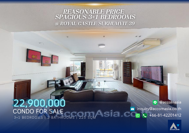 For SaleCondoSukhumvit, Asoke, Thonglor : 🔼🔽 AccomA | Reasonable Price for a Spacious 3+1 Bedrooms @ Royal Castle Sukhumvit 39