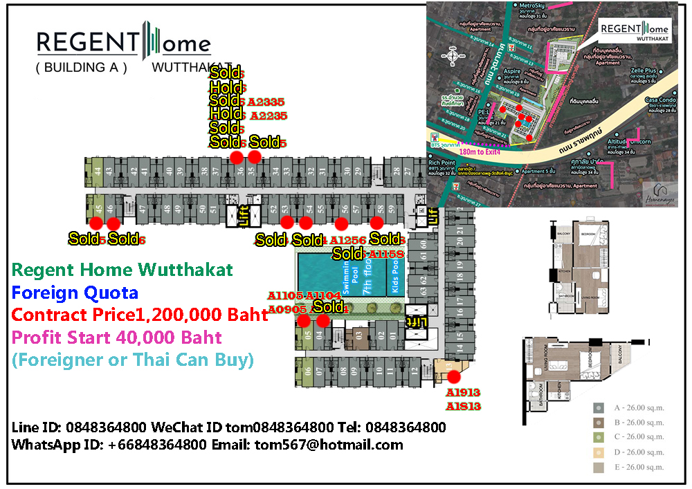 ขายดาวน์คอนโดท่าพระ ตลาดพลู วุฒากาศ : (Foreigner Quota) Building A  Regent Home Wutthakat 180m. to BTS Wutthakat