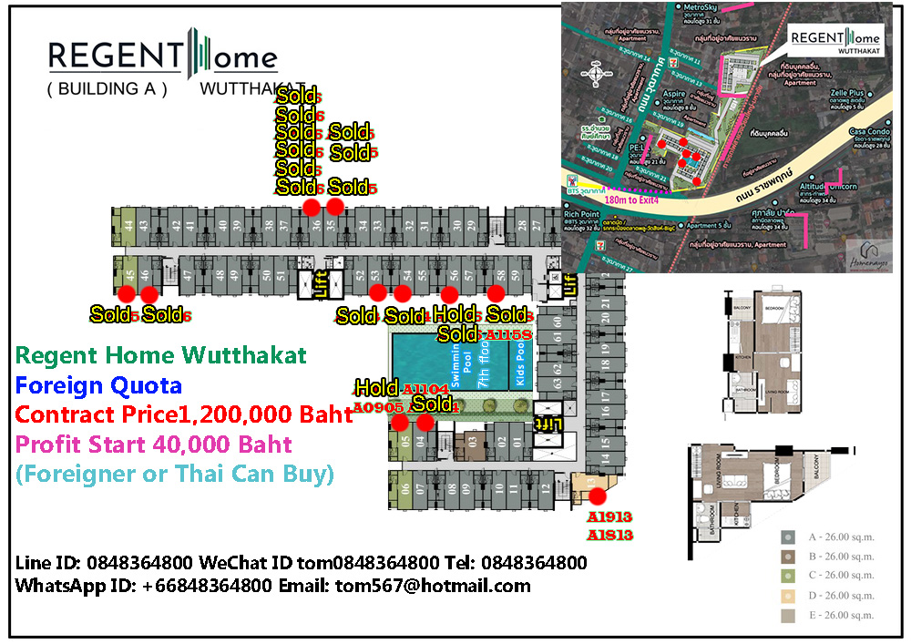 ขายดาวน์คอนโดท่าพระ ตลาดพลู วุฒากาศ : (Foreigner Quota) Building A  Regent Home Wutthakat 180m. to BTS Wutthakat