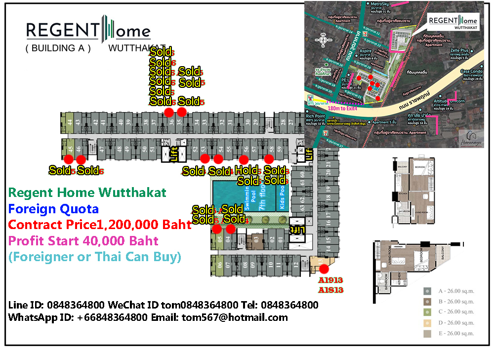 ขายดาวน์คอนโดท่าพระ ตลาดพลู วุฒากาศ : (Foreigner Quota) Building A  Regent Home Wutthakat 180m. to BTS Wutthakat