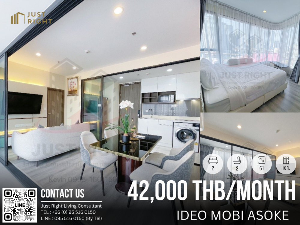 For RentCondoRama9, Petchburi, RCA : For rent, Ideo Mobi Asoke, 2 bedrooms, 2 bathrooms, 61* sq m, 1x floor, corner room, wide face, north side, fully furnished, complete electrical appliances, only 42,000 baht / month, 1 year contract only.