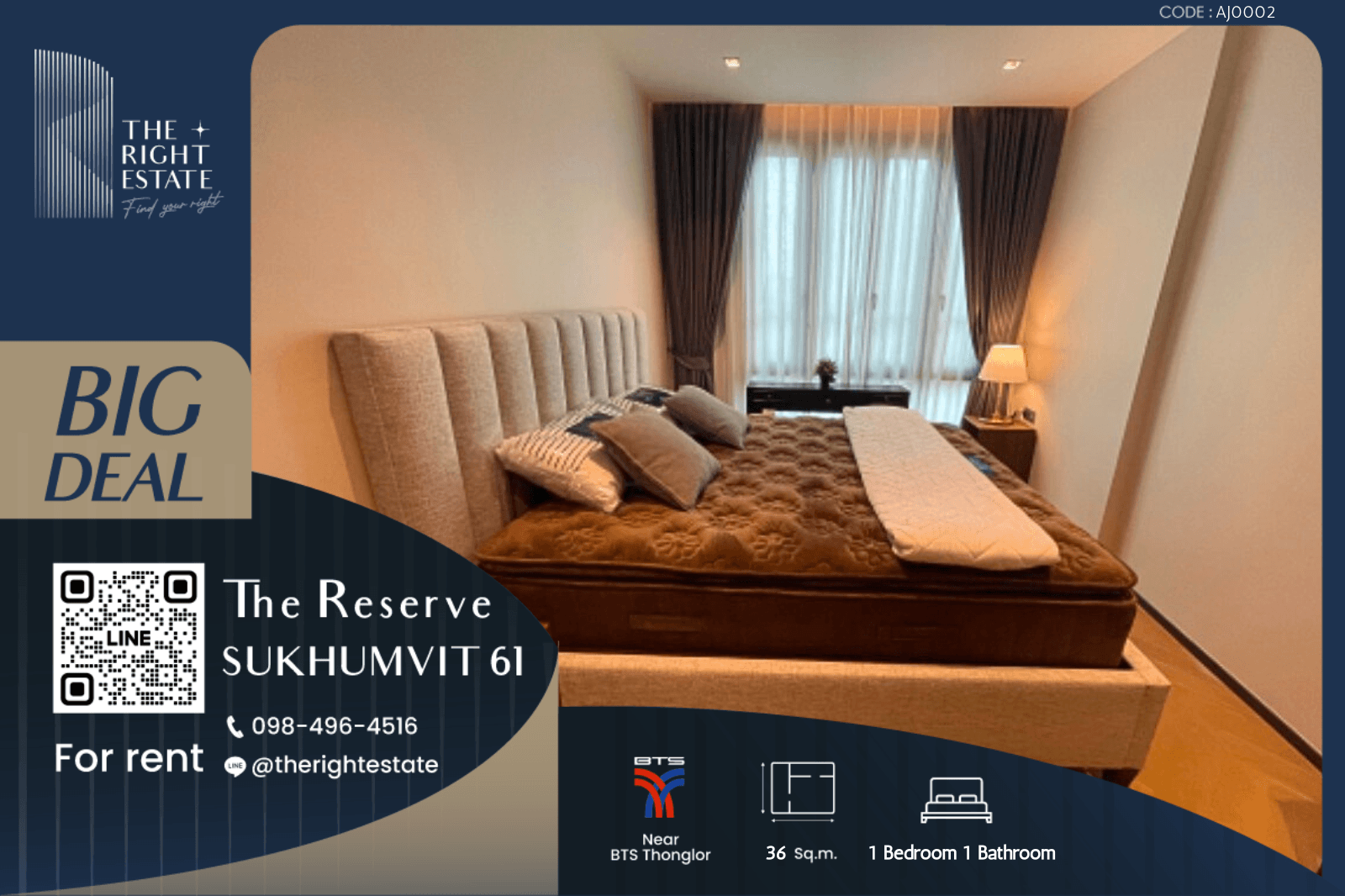 ให้เช่าคอนโดสุขุมวิท อโศก ทองหล่อ : 🌿 The Reserve Sukhumvit 61 🌿 ห้องสวย ตกแต่งน่าอยู่ 🛏 1 Bed 1 Bath 36.20 ตร.ม, price negotiable!!! - Next to BTS เอกมัย