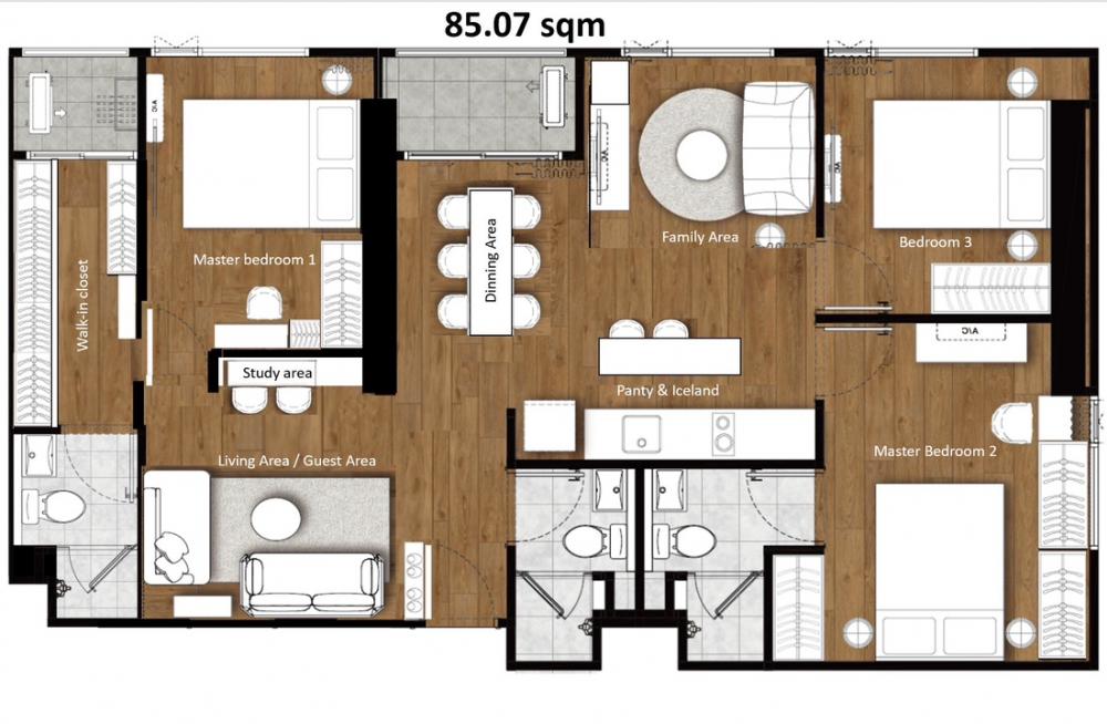 ขายดาวน์คอนโดรามคำแหง หัวหมาก : ขายห้องใหญ่สุดในตึก (85sqm เป็นห้องที่ตีทะลุได้มุมเดียว) ปรับได้ระหว่าง 3-4 ห้องนอนพร้อม walk-in closet, 3ห้องน้ำ มุมรับแขก มุมแฟมมีลี่ มุมทำงานและบิ้วครัวไอซ์แลนด์ได้สบายๆ