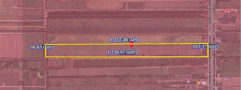 ขายที่ดินปทุมธานี รังสิต ธรรมศาสตร์ : ขาย ที่ดินคลอง 11 หนองเสือ ใกล้วัดป่าคลอง 11 เนื้อที่ 80-1-70 ไร่ รูปแปลงสี่เหลี่ยมผืนผ้า