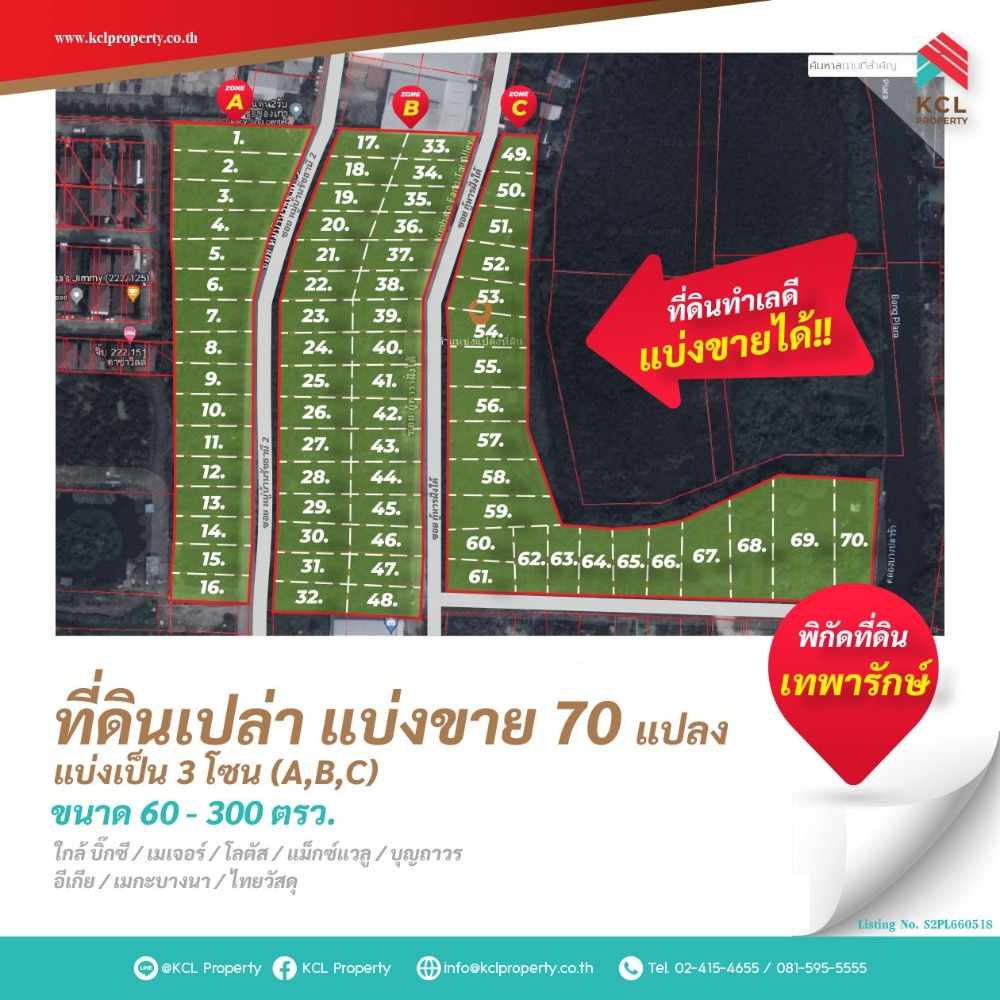 For SaleLandSamut Prakan,Samrong : Land for sale, allocated 19-1-83 rai (70 plots) in Bang Phli-Theparak area. Choose to buy according to the size you want to use.