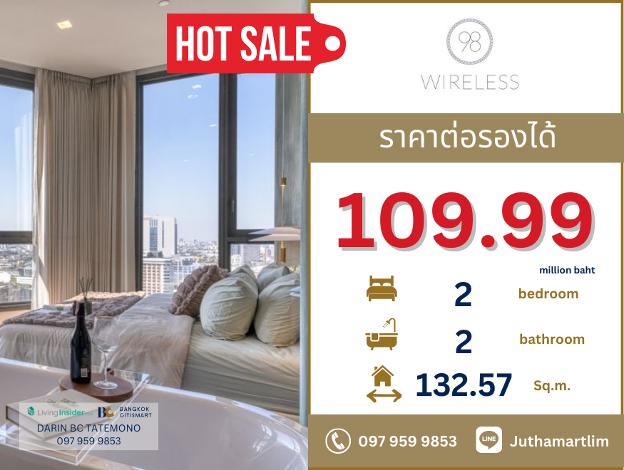 For SaleCondoWitthayu, Chidlom, Langsuan, Ploenchit : 🔥 Ready to move in + furniture 🔥 98 Wireless, 2 bedrooms, 2 bathrooms, city view, very beautiful