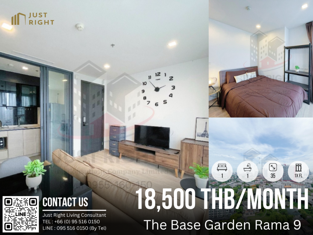 For RentCondoRama9, Petchburi, RCA : For Rent The Base Garden Rama 9 1 Bed 1 Bath 35 Sqm. High Floor from 22,000 to only 18,500 THB/Month Only 1 Year Contract