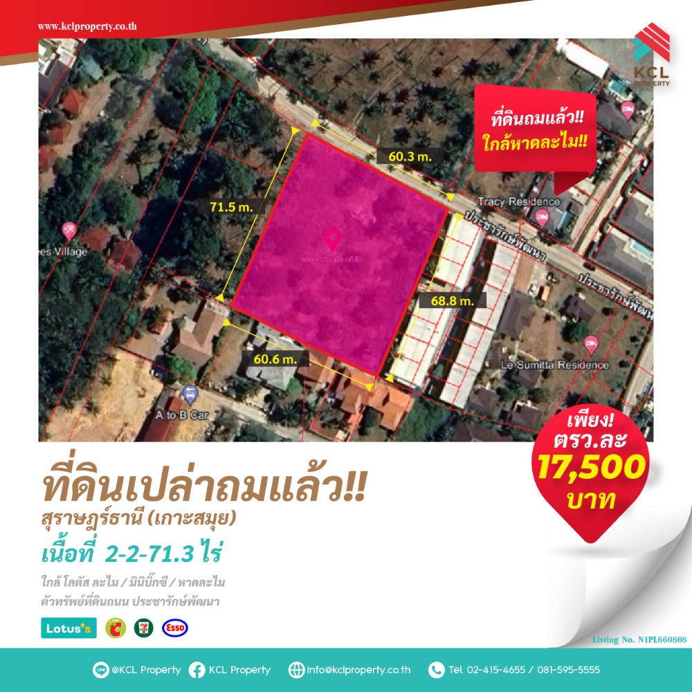 ขายที่ดินสมุย สุราษฎร์ธานี : ขายที่ดินเปล่าถมแล้วใกล้หาดละไม 2-2-71.3 ไร่ เกาะสมุย