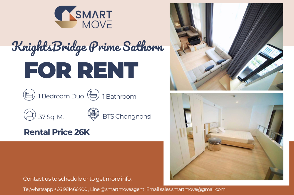 For RentCondoSathorn, Narathiwat : Code C20230800791....Knightsbridge Prime Sathorn for rent, 1 bedroom, 1 bathroom Duo Space, high floor, furnished, ready to move in