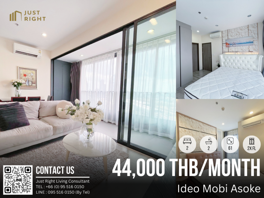 For RentCondoRama9, Petchburi, RCA : For Rent Ideo Mobi Asoke 2 Bed 2 Bath 61 Sqm. Big room Floor 2x Perfect View Fully Furnished 44,000 THB/month Only 1 Year Contract