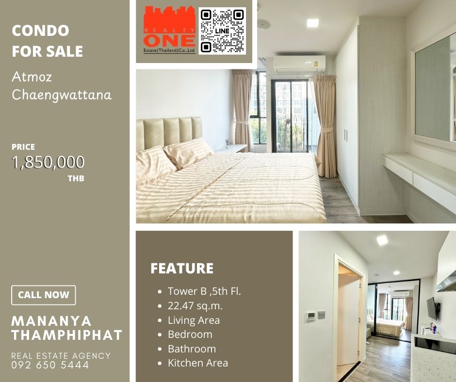 For SaleCondoChaengwatana, Muangthong : Condo for sale, Atmoz Chaengwattana, Fully Furnished, near expressway, near BTS, on Khlong Prapa Road, Chaengwattana