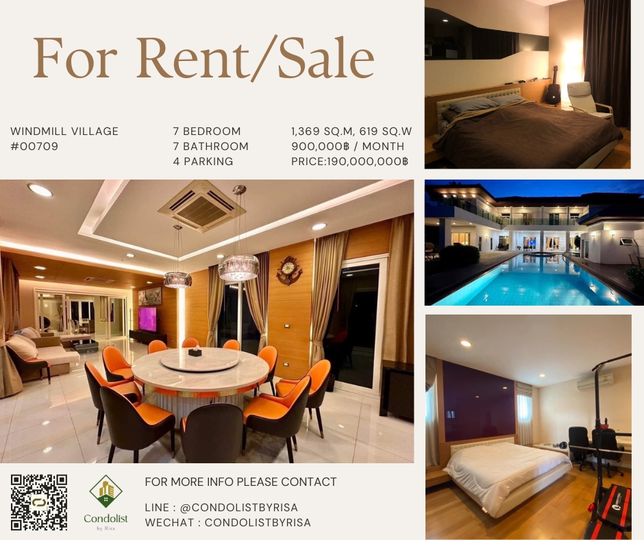 For RentHouseSamut Prakan,Samrong : Risa00709 Single house for rent. Windmill Village (golf course) 1,369 square meters, 619 square meters, 7 bedrooms, 7 bathrooms, has a swimming pool and Jacuzzi, only 900,000 baht.