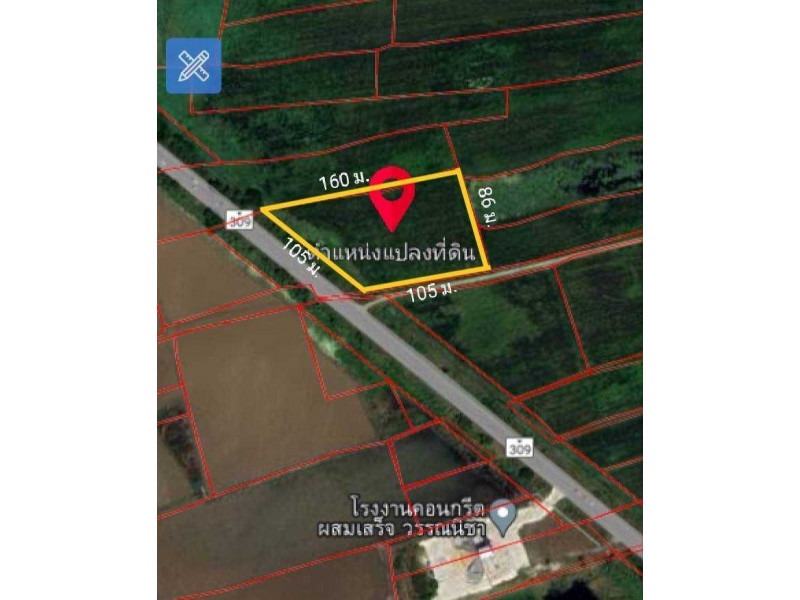 For SaleLandAyutthaya : Empty land for sale, area 6-3-21 rai, 309 Ayutthaya-Ang Thong Road, Phutthao Subdistrict, Bang Pahan District, Phra Nakhon Si Ayutthaya Province.