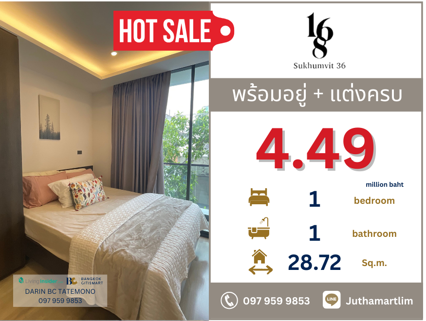 ขายคอนโดสุขุมวิท อโศก ทองหล่อ : 🔥โปรปิดตึก+แต่งครบ🔥 168 Sukhumvit 36 รูปแบบ 1 bedroom 28.72 ตร.ม. ชั้น 3 ราคา 4,490,000 บาท ติดต่อ 0979599853