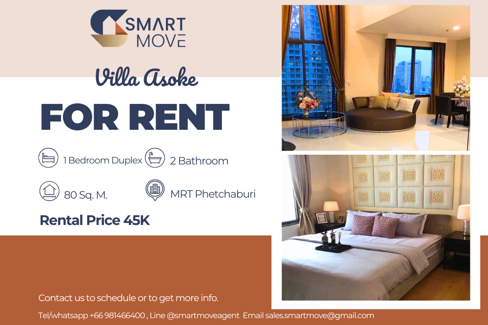 For RentCondoRama9, Petchburi, RCA : Code C20230104690.........Villa Asoke for rent, 1 bedroom Duplex, 2 bathroom, high floor, furnished, ready to move in