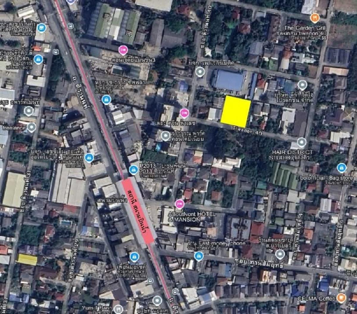 For SaleLandNonthaburi, Bang Yai, Bangbuathong : For sale/for rent (rent 40,000 baht per month) Land filled 437 sq.w., located in Soi Tiwanon 40, 200 meters from the Pink Line BTS station, brown city plan, can build a 7-storey building, good location, SCB Bank and 7-11 at the entrance of the alley, inte