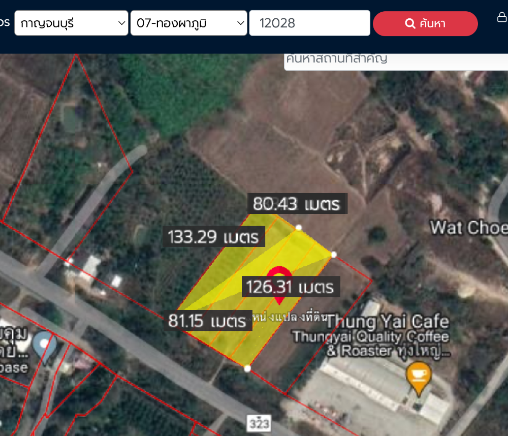 For SaleLandKanchanaburi : Large plot of land along Highway 323, more than 6 rai, Thong Pha Phum, Kanchanaburi